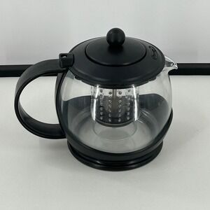 Prestige Pyrex Glass Teapot w/Infuser Black Plastic Trim Clear Round Tea Press